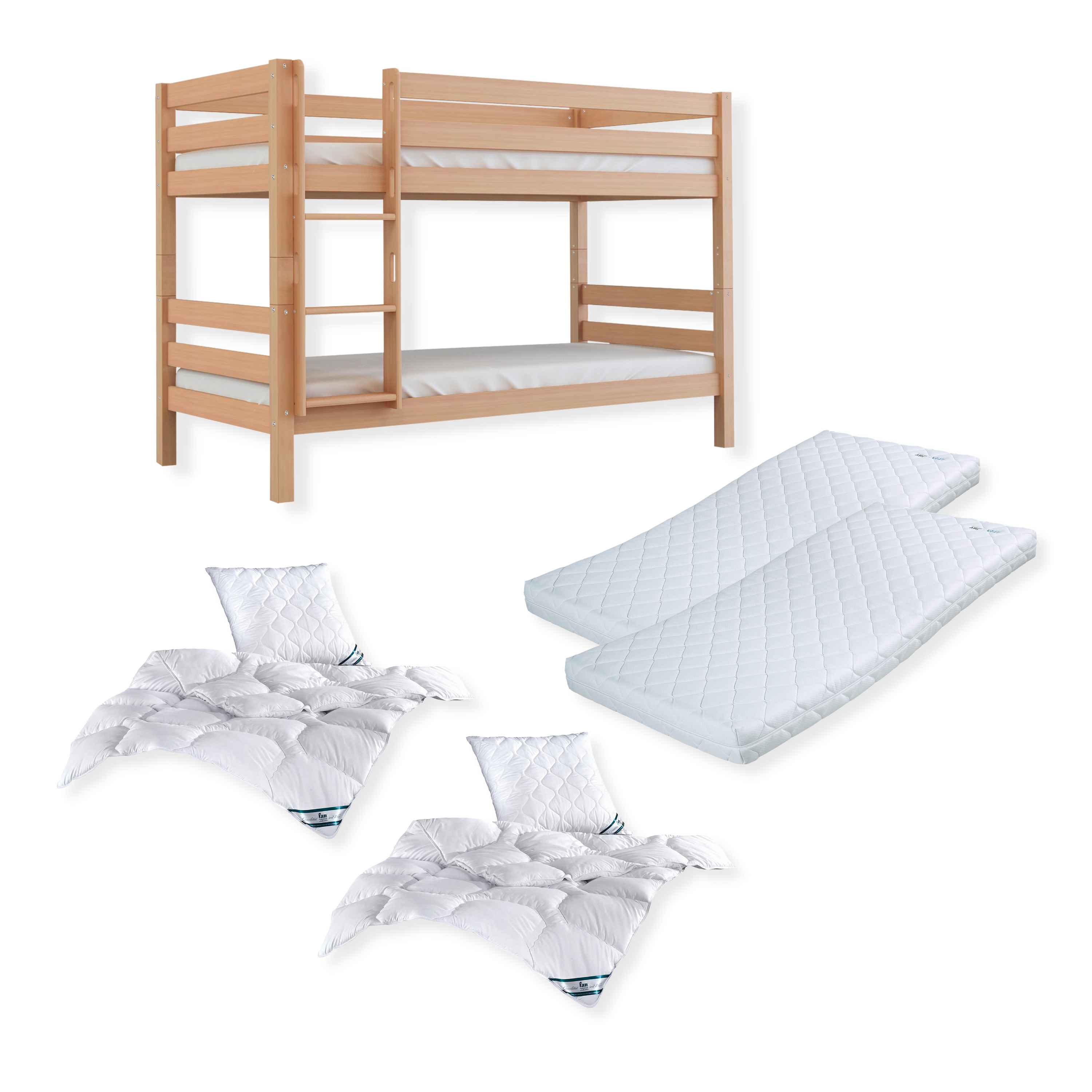 Komplettset Malu – Etagenbett mit Matratzen, Decken und Kissen, ohne Rutsche, natur