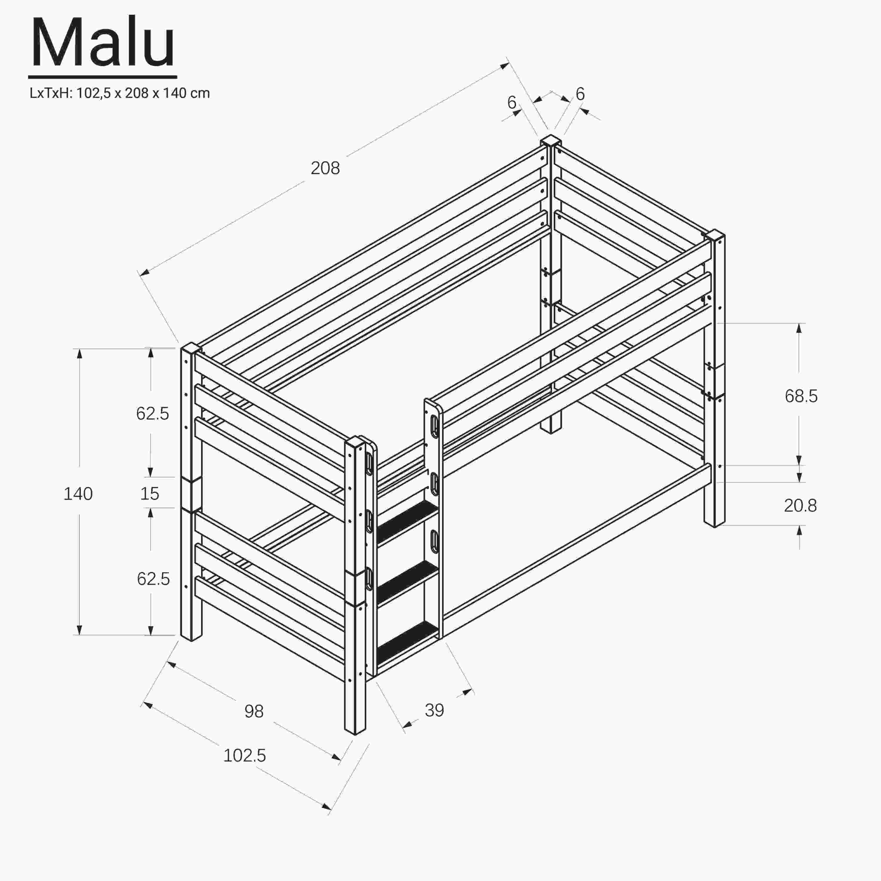 Komplettset Malu – Etagenbett mit Matratzen, Decken und Kissen, ohne Rutsche, weiß