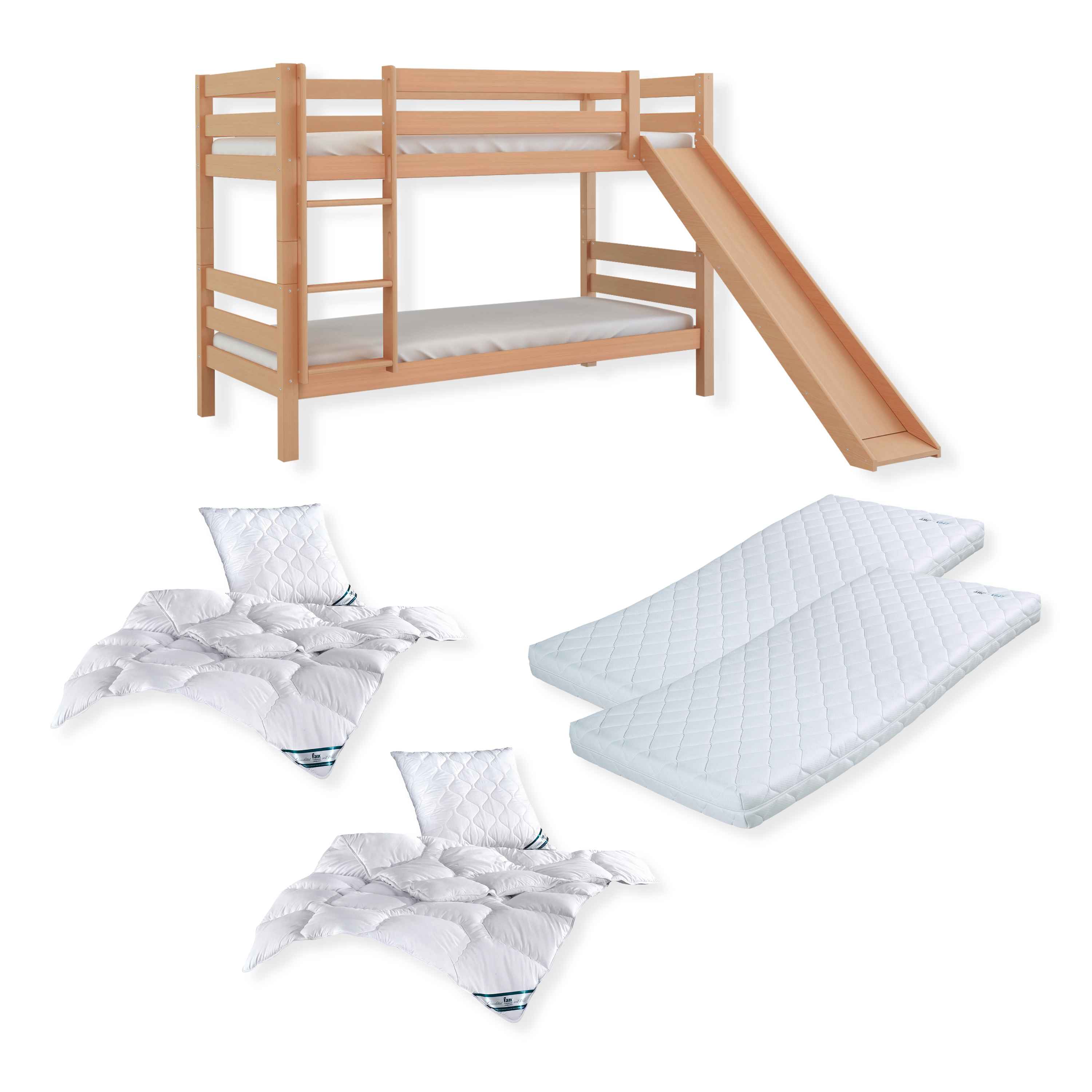 Komplettset Malu – Etagenbett mit Matratzen, Decken und Kissen, mit Rutsche, natur