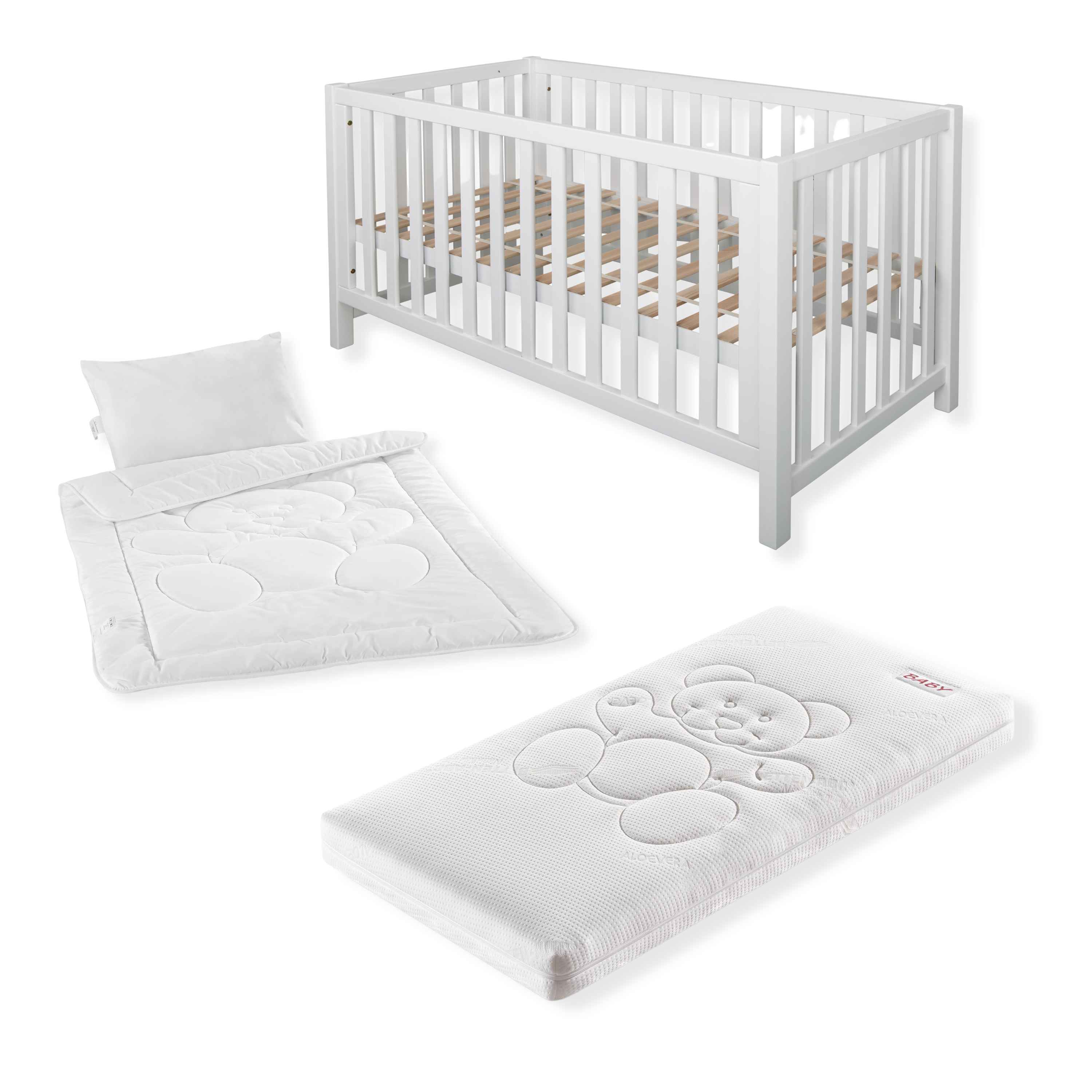 Komplettset Nils classic – Babybett mit Matratze, Decke und Kissen, weiß, 60x120 cm