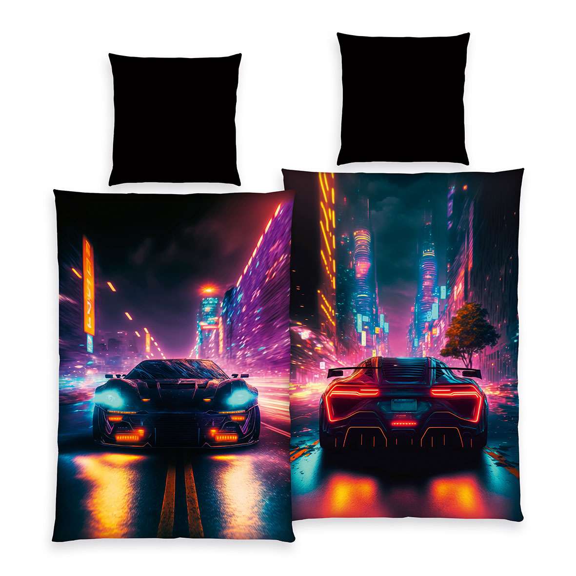 Herding „NEON CAR" - Bettwäsche mit Wendemotiv, 100% Polyester, 135 x 200 cm + 80 x 80 cm