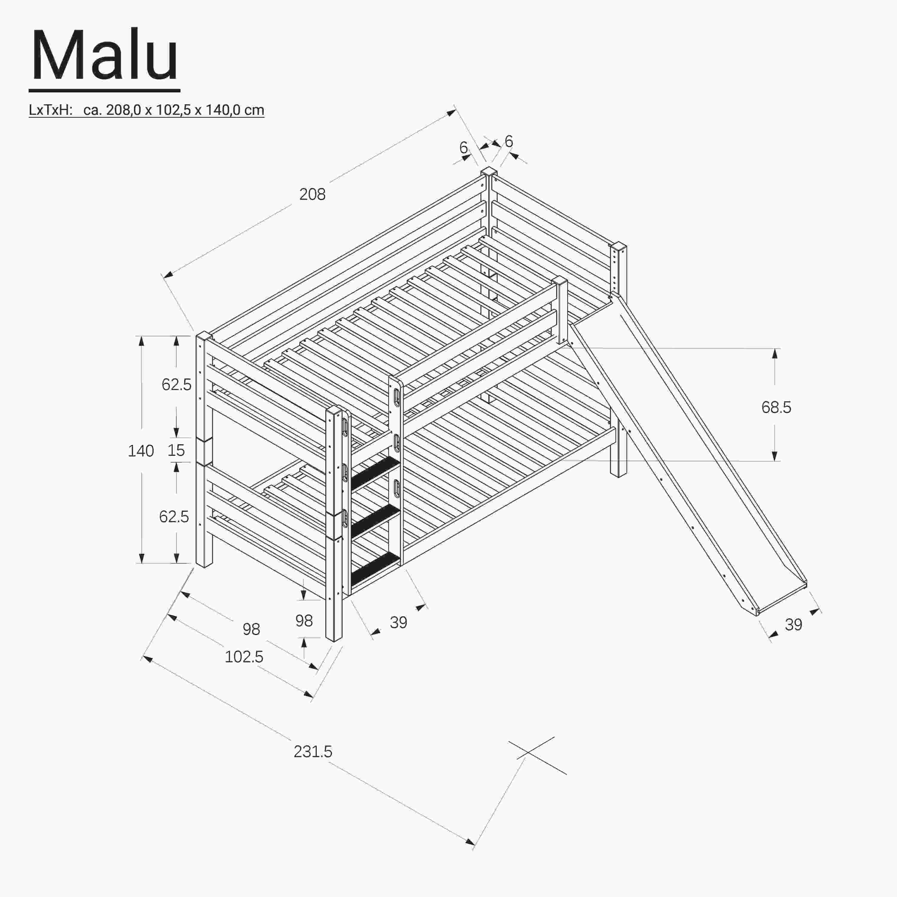 Komplettset Malu – Etagenbett mit Matratzen, Decken und Kissen, mit Rutsche, natur