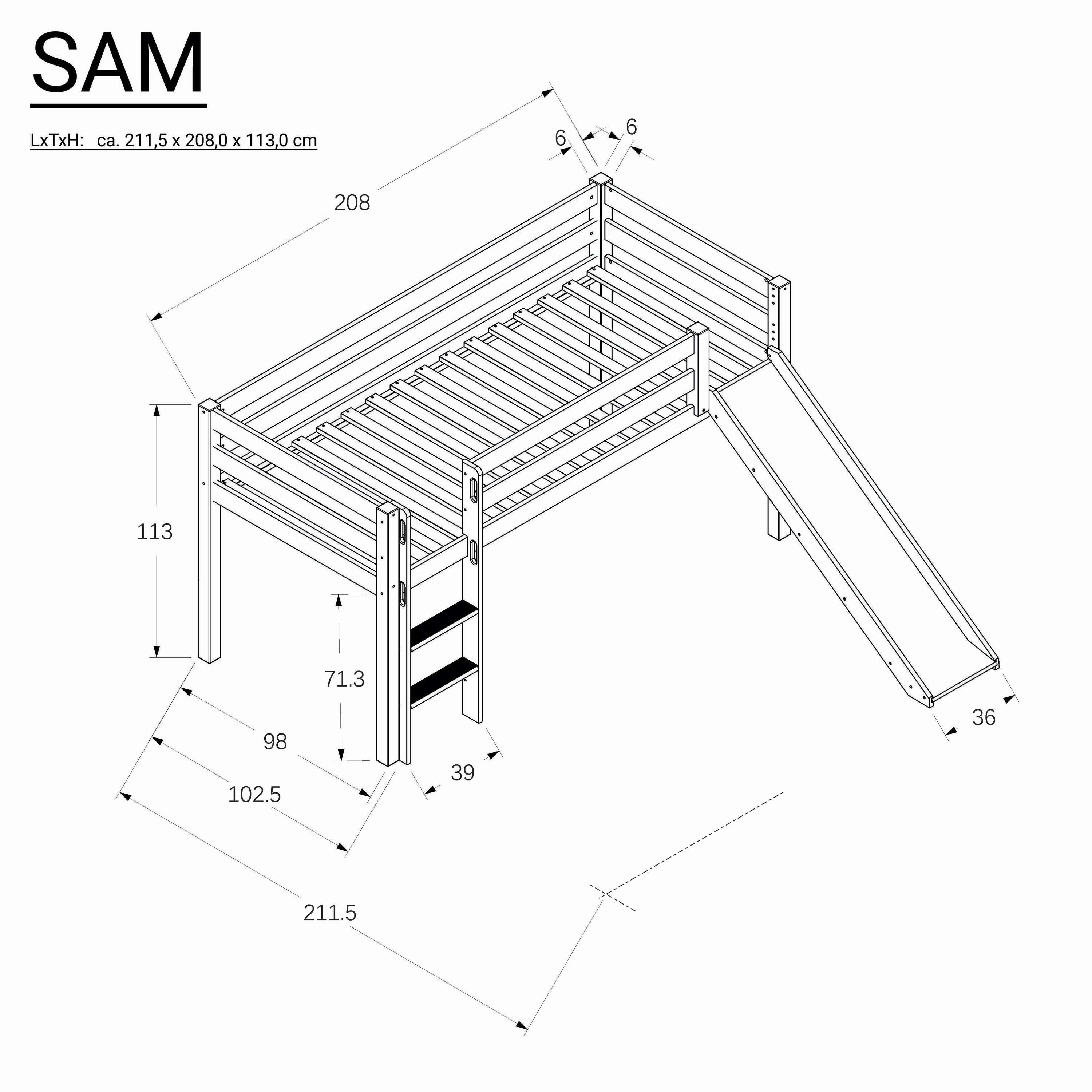 Bubema Sam – Kinder Hochbett, Buche massiv, mit oder ohne Rutsche, natur oder weiß lackiert