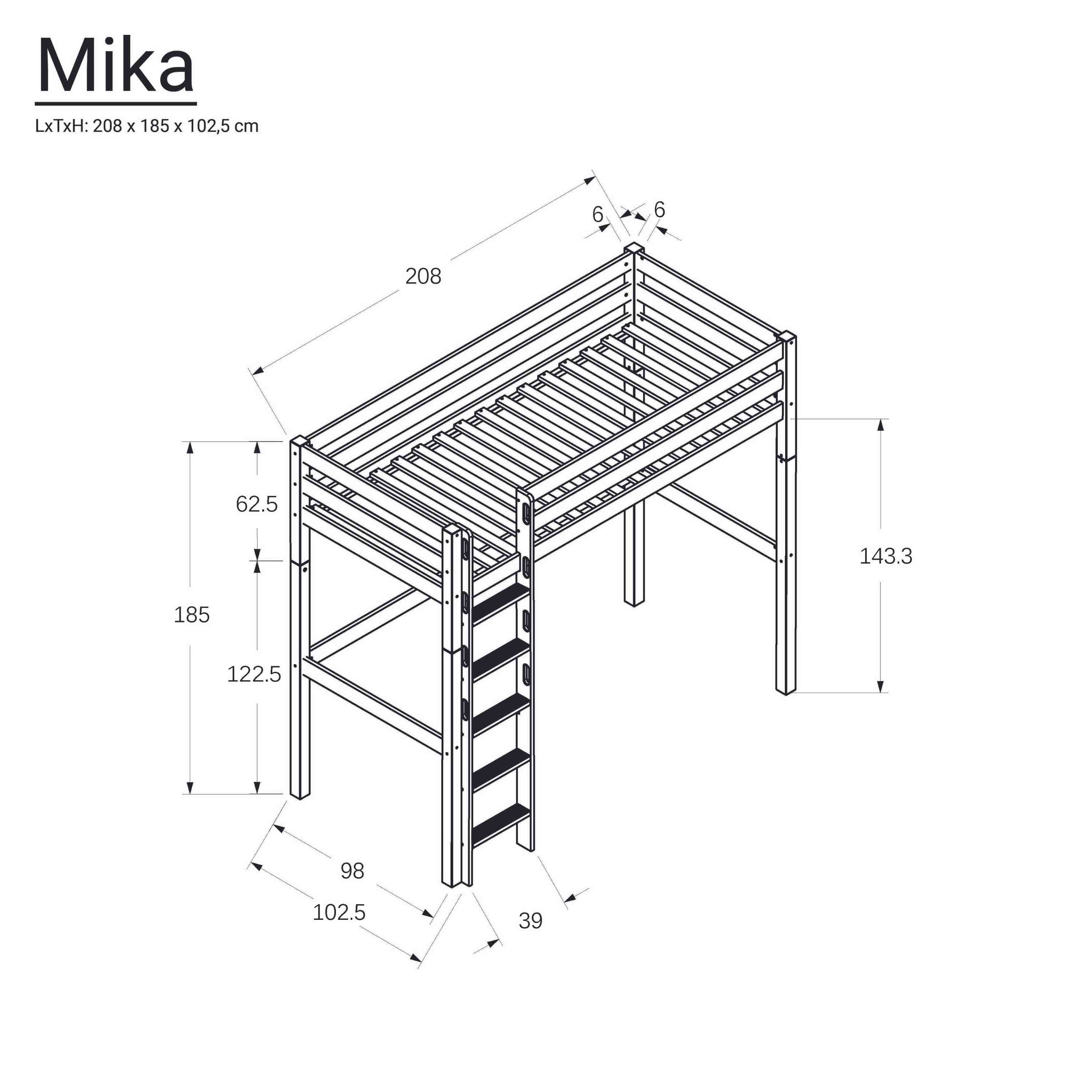 Komplettset Mika – Hochbett inkl. Rollrost mit Matratze, Decke und Kissen, natur